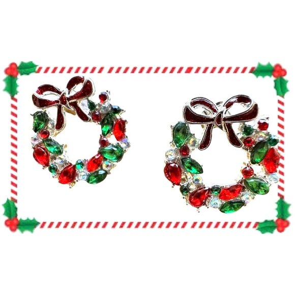 Christmas Wreath Earrings New Red Green Clear Crystals Posts Festive Bow… - Picture 1 of 12